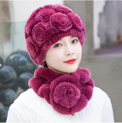 Winter Fur Hat Scarf Sets Natural Warm Real Rex Rabbit Fur