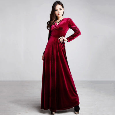 Long Sleeve V Neck Pleated Velvet Banquet Party Maxi Dress Party Wedding