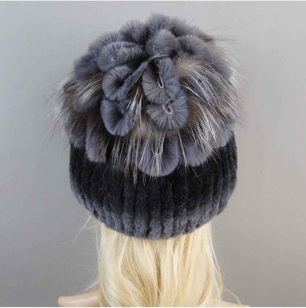 Luxury Women Fur Hat For Winter Handmade Natural Rex Rabbit Fox .
