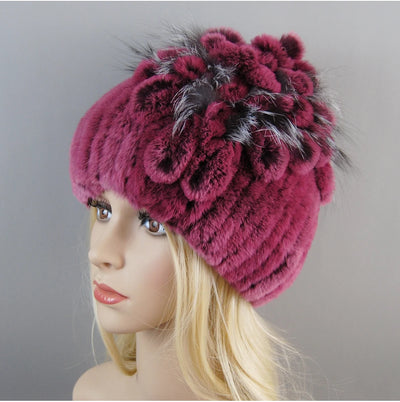 Luxury Women Fur Hat For Winter Handmade Natural Rex Rabbit Fox .