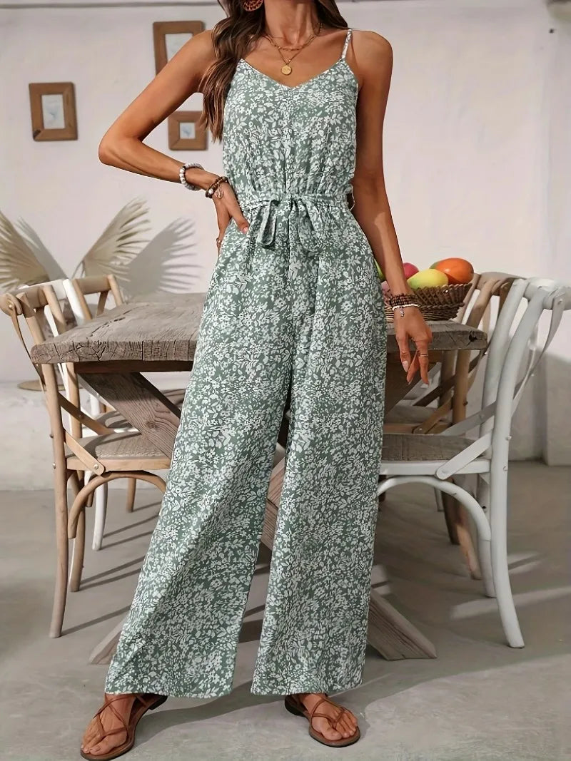Jumpsuits for Women Summer Casual Printed Round Neck Suspender Jumpsuit