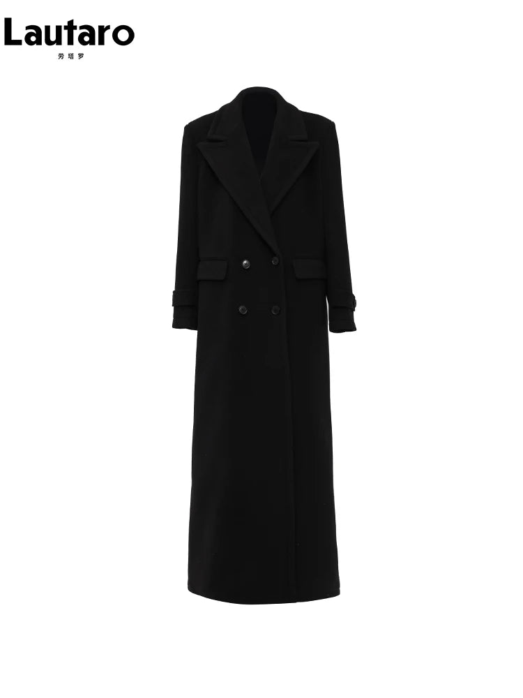 Winter Luxury Extra Long Black Warm Soft Wool & blends Coat for Women