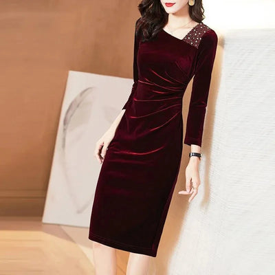 Golden Velvet Dress For Women  Long Sleeve Dress Velvet Thickened Hip
