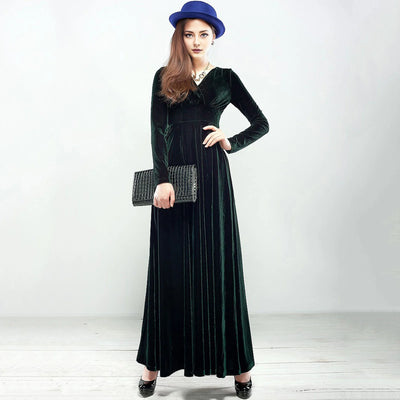 Long Sleeve V Neck Pleated Velvet Banquet Party Maxi Dress Party Wedding