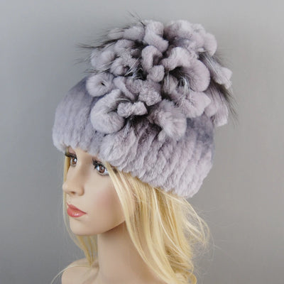 Luxury Women Fur Hat For Winter Handmade Natural Rex Rabbit Fox .
