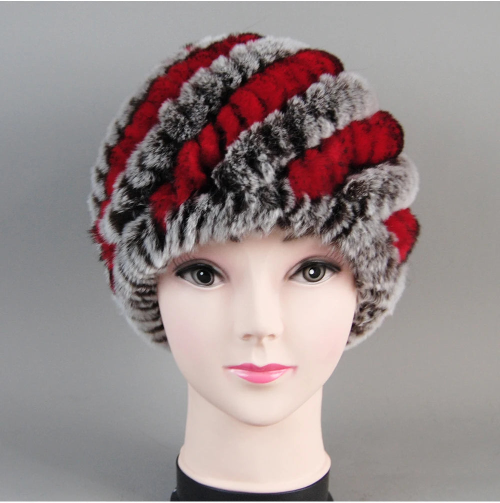 Real Rex Rabbit Winter Fur Hat For Women Russian Real Fur Knitted Cap