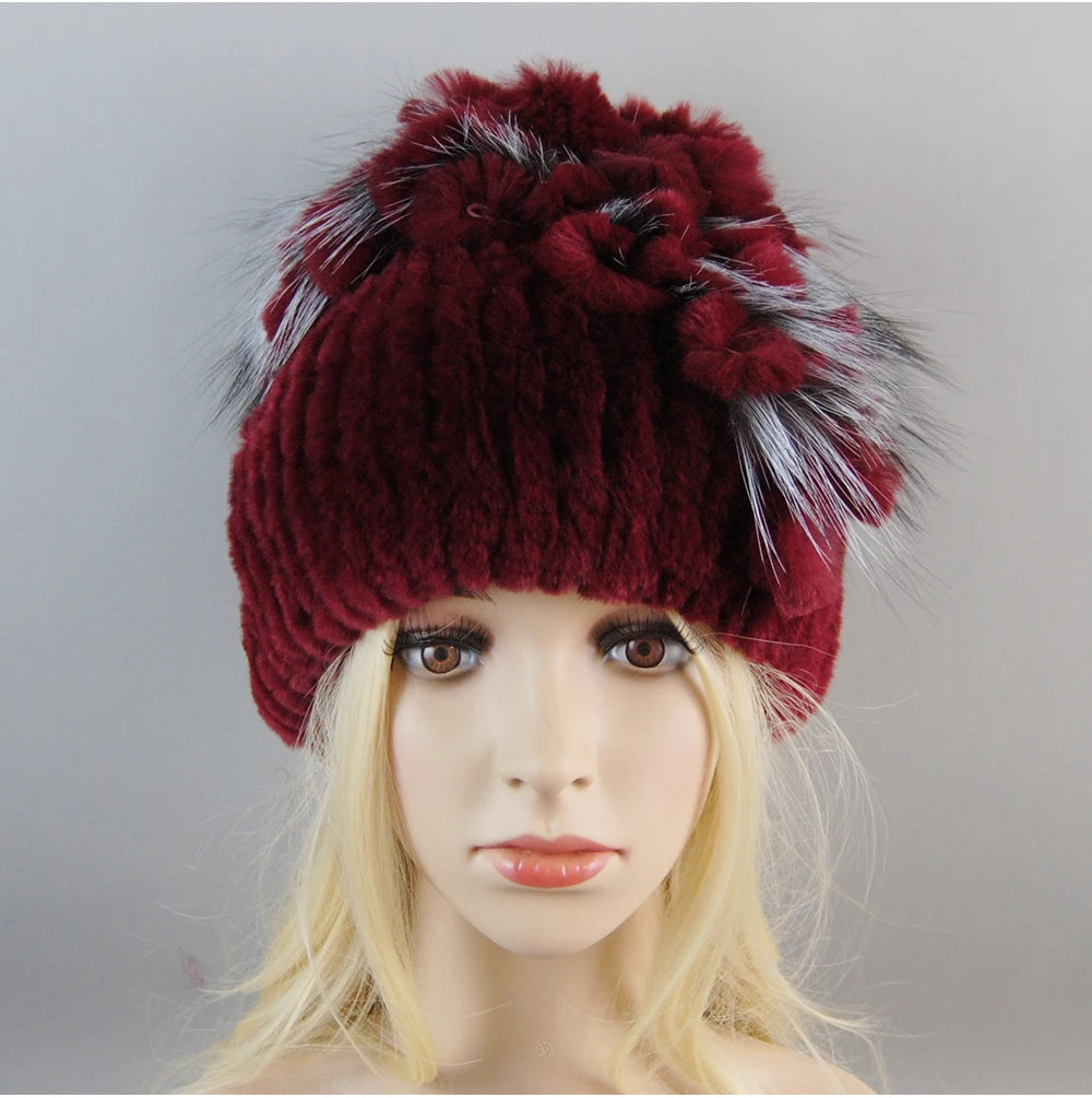 Luxury Women Fur Hat For Winter Handmade Natural Rex Rabbit Fox .