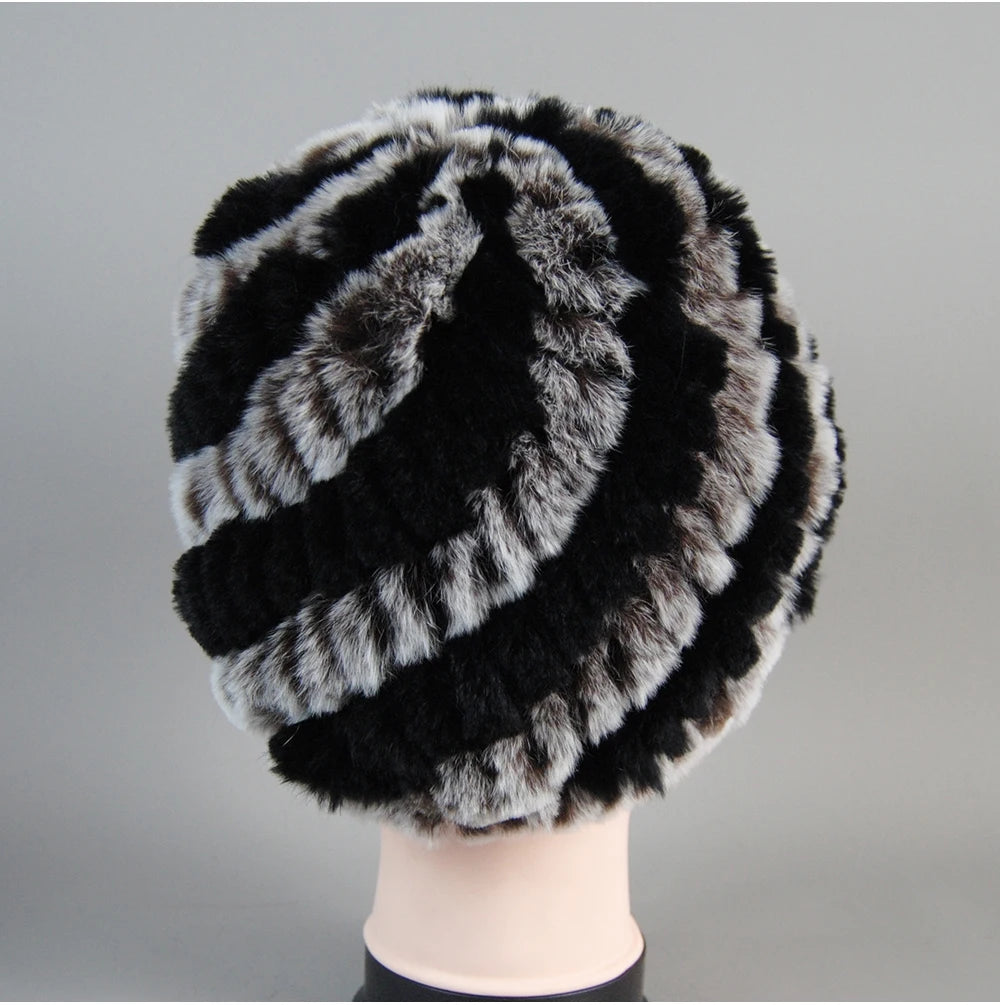 Real Rex Rabbit Winter Fur Hat For Women Russian Real Fur Knitted Cap