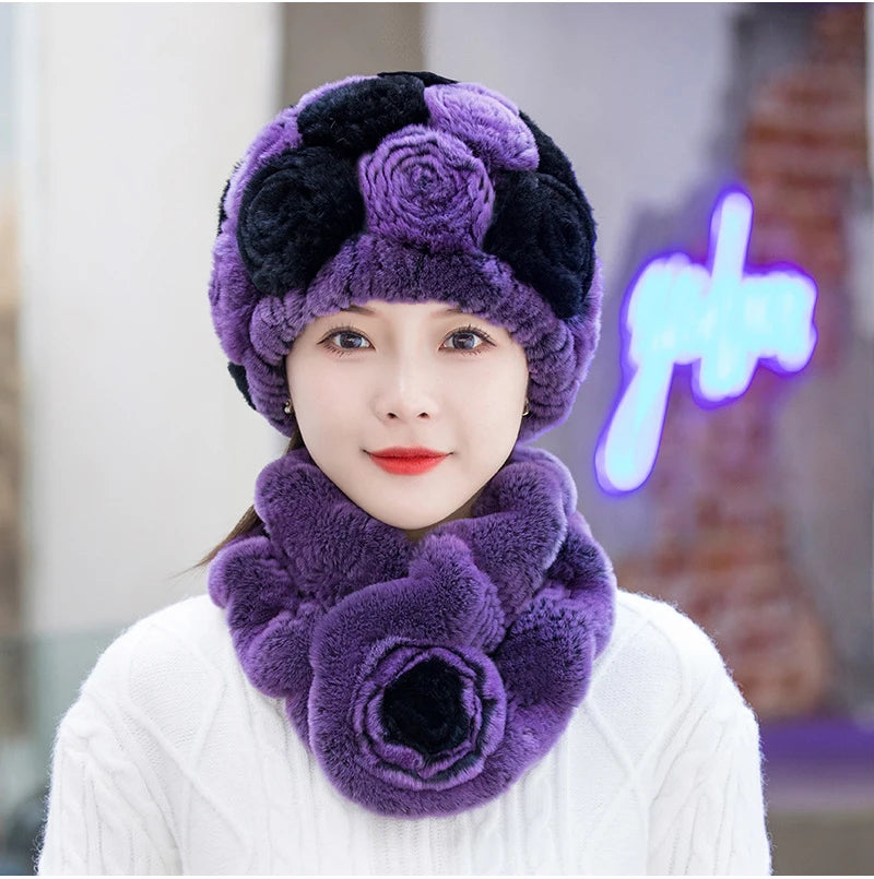 Winter Fur Hat Scarf Sets Natural Warm Real Rex Rabbit Fur