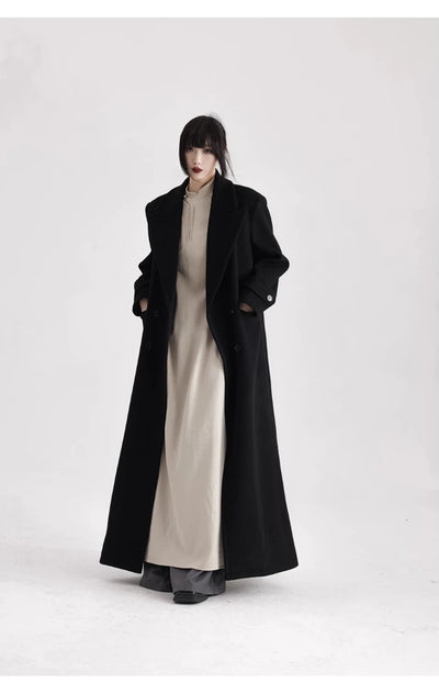 Winter Luxury Extra Long Black Warm Soft Wool & blends Coat for Women