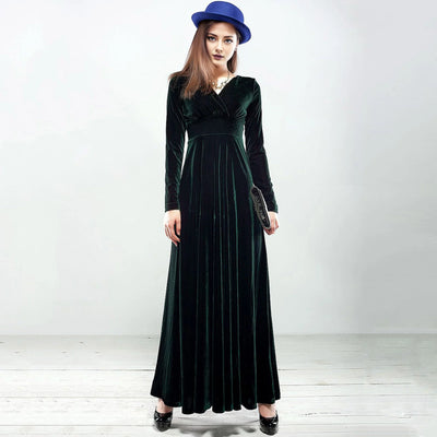 Long Sleeve V Neck Pleated Velvet Banquet Party Maxi Dress Party Wedding