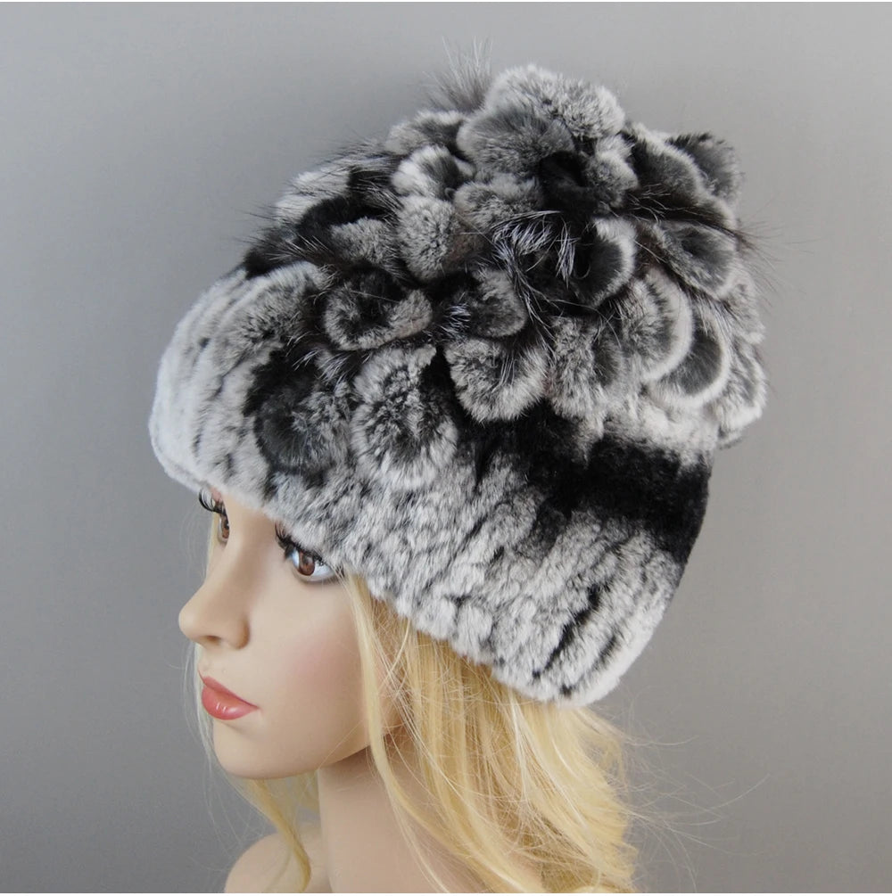 Luxury Women Fur Hat For Winter Handmade Natural Rex Rabbit Fox .