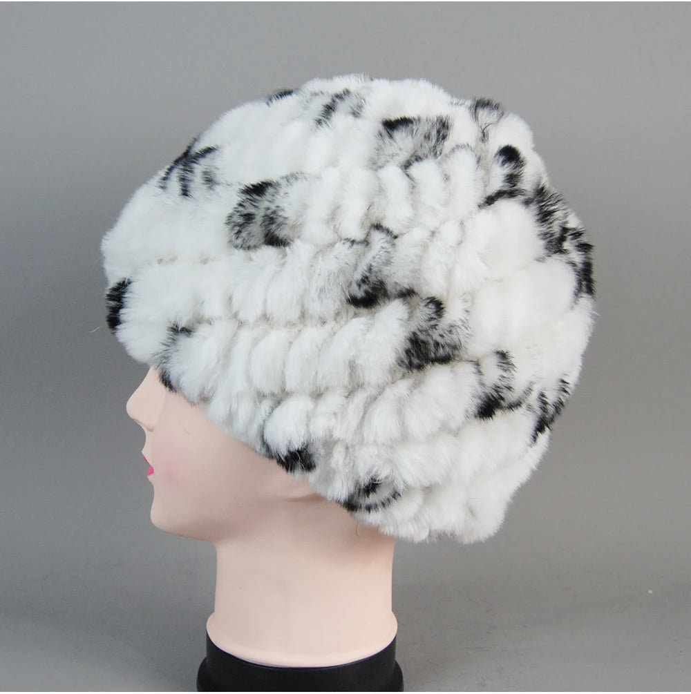 Real Rex Rabbit Winter Fur Hat For Women Russian Real Fur Knitted Cap