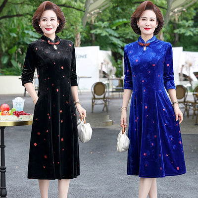 Embroidery Gold Velvet Cheongsam Long Dress Women