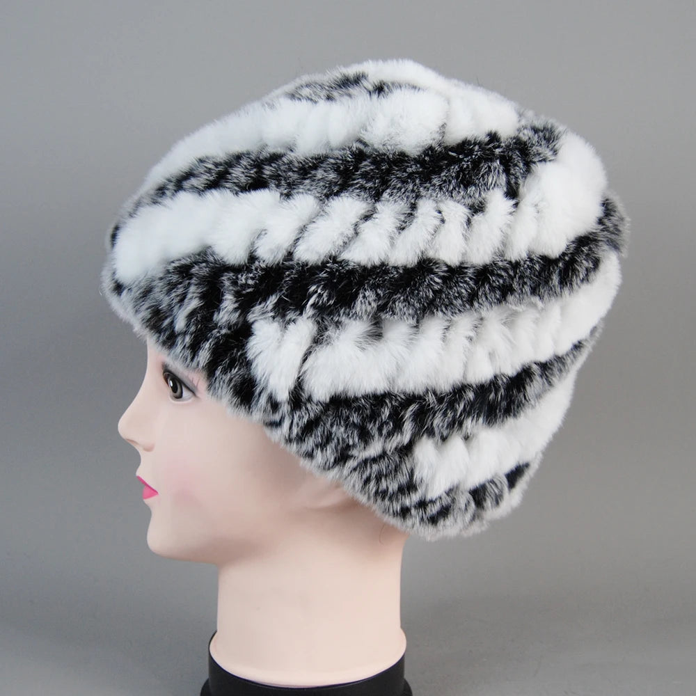 Real Rex Rabbit Winter Fur Hat For Women Russian Real Fur Knitted Cap