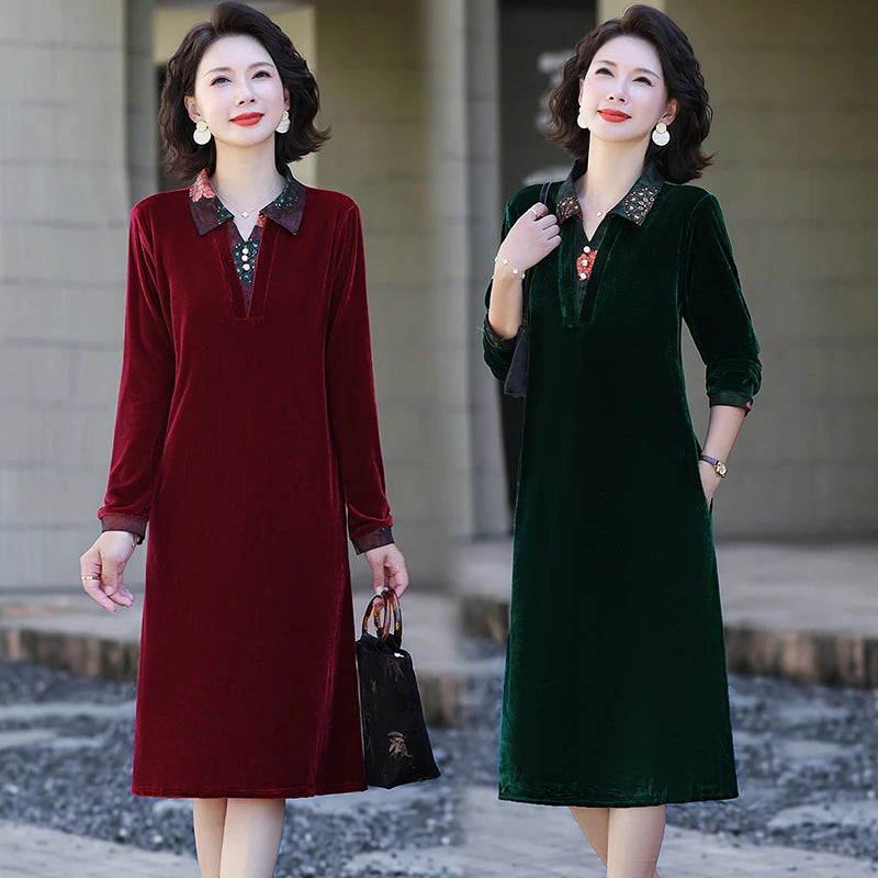 Velvet Midi Dress Women's Velvet Full Sleeve Knee-length Regular Shirt