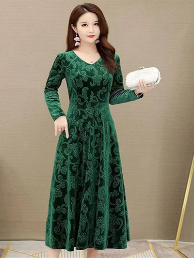 Maxi Dress Ankle-Length Women Dress  Pure Color Velvet Dress Dressing Up