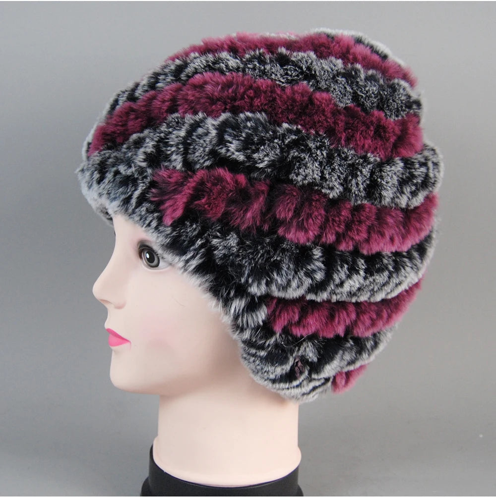 Real Rex Rabbit Winter Fur Hat For Women Russian Real Fur Knitted Cap