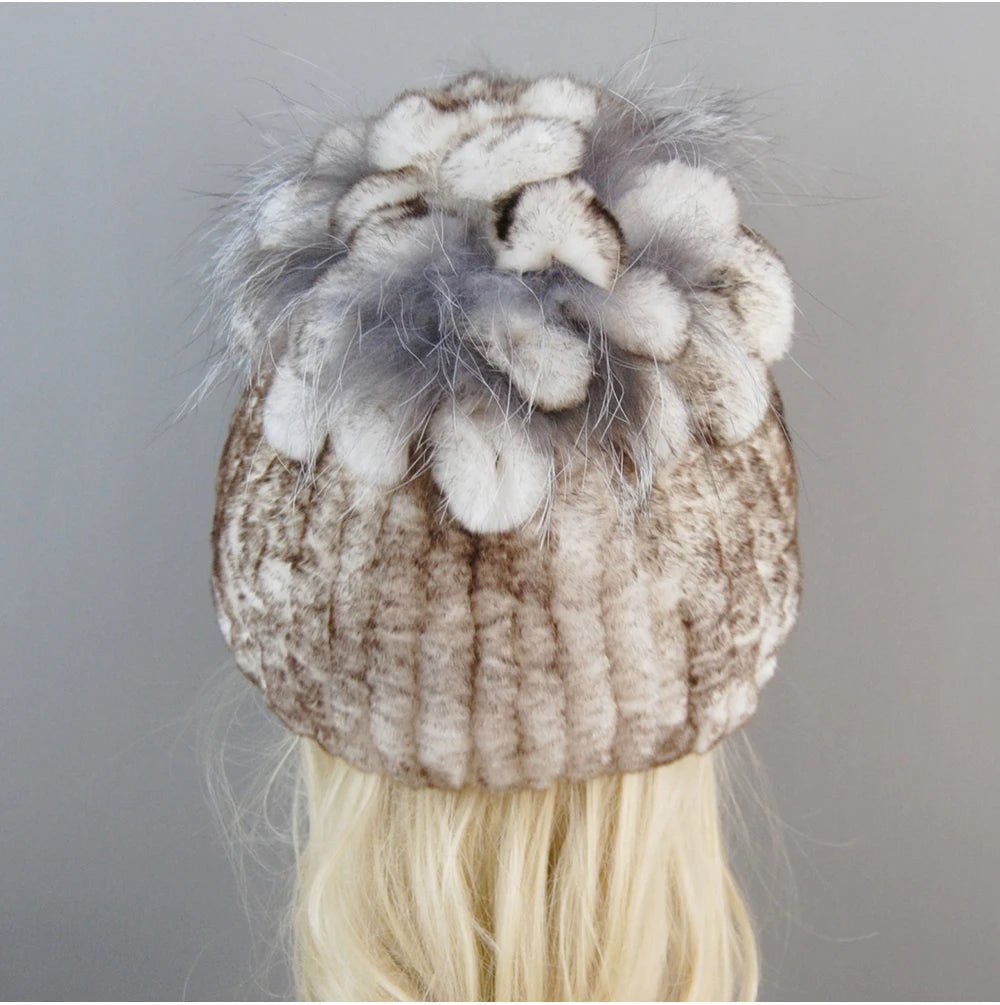 Luxury Women Fur Hat For Winter Handmade Natural Rex Rabbit Fox .