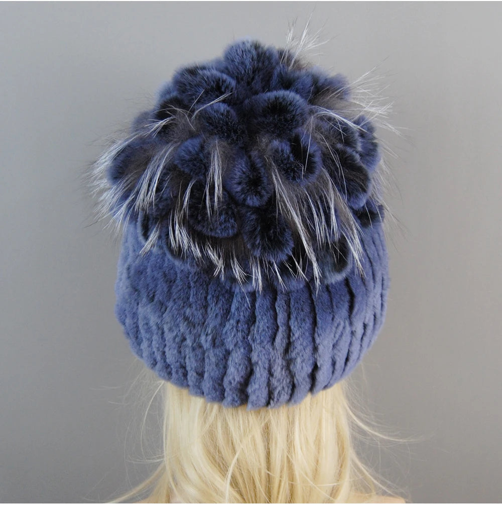 Luxury Women Fur Hat For Winter Handmade Natural Rex Rabbit Fox .