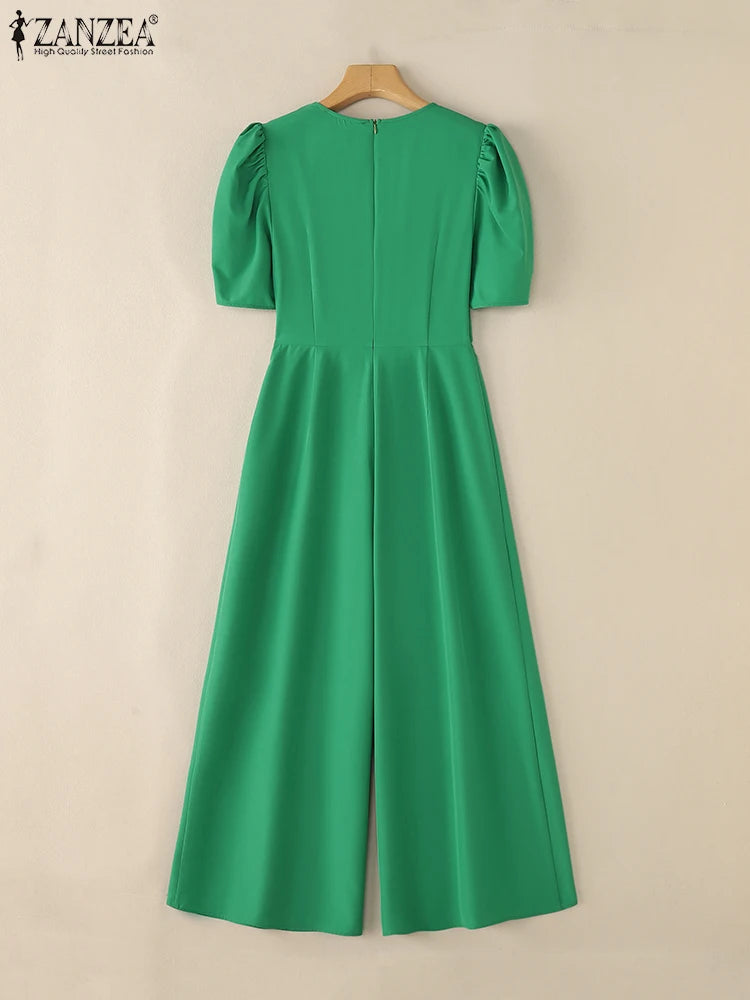 Office Casual Loose Short Sleeve Playsuits Solid Color Wide Leg Jumpsuits