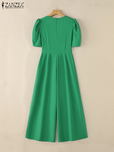 Office Casual Loose Short Sleeve Playsuits Solid Color Wide Leg Jumpsuits