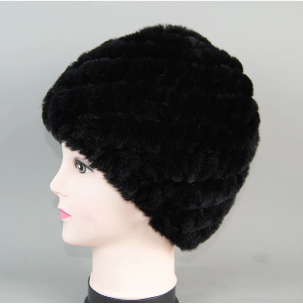 Real Rex Rabbit Winter Fur Hat For Women Russian Real Fur Knitted Cap