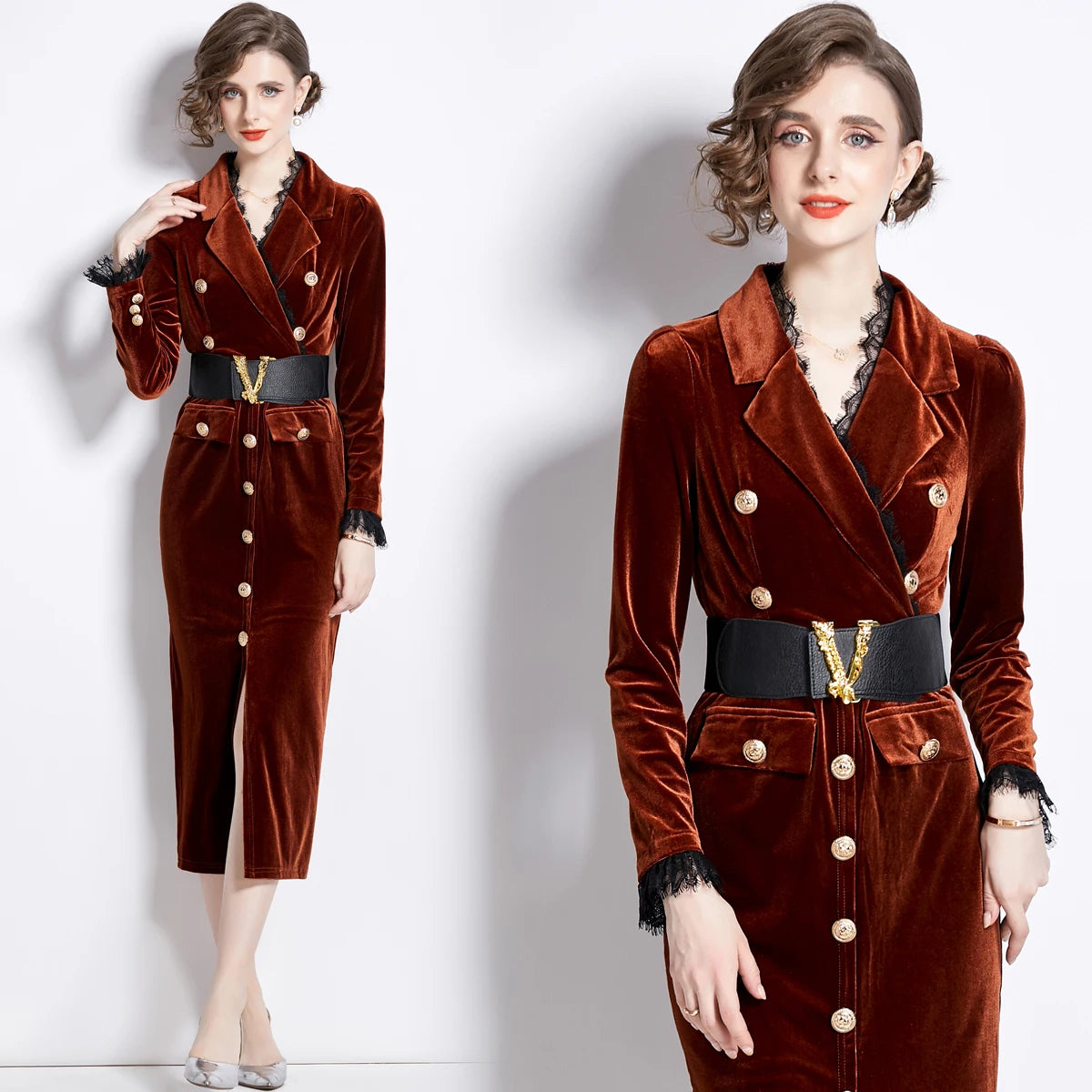 V-Neck Velvet Dress Women Long Sleeve Fashion Metre Buttons Split Sheath