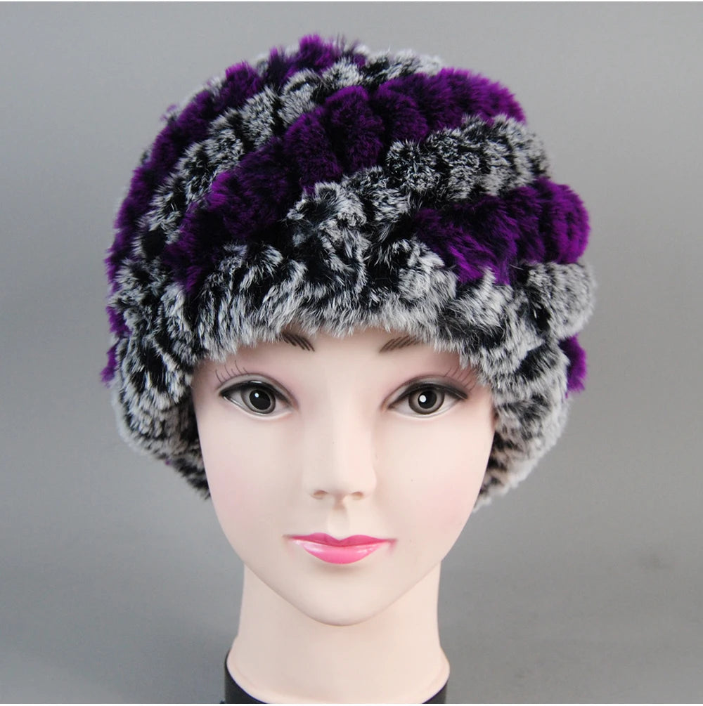 Real Rex Rabbit Winter Fur Hat For Women Russian Real Fur Knitted Cap