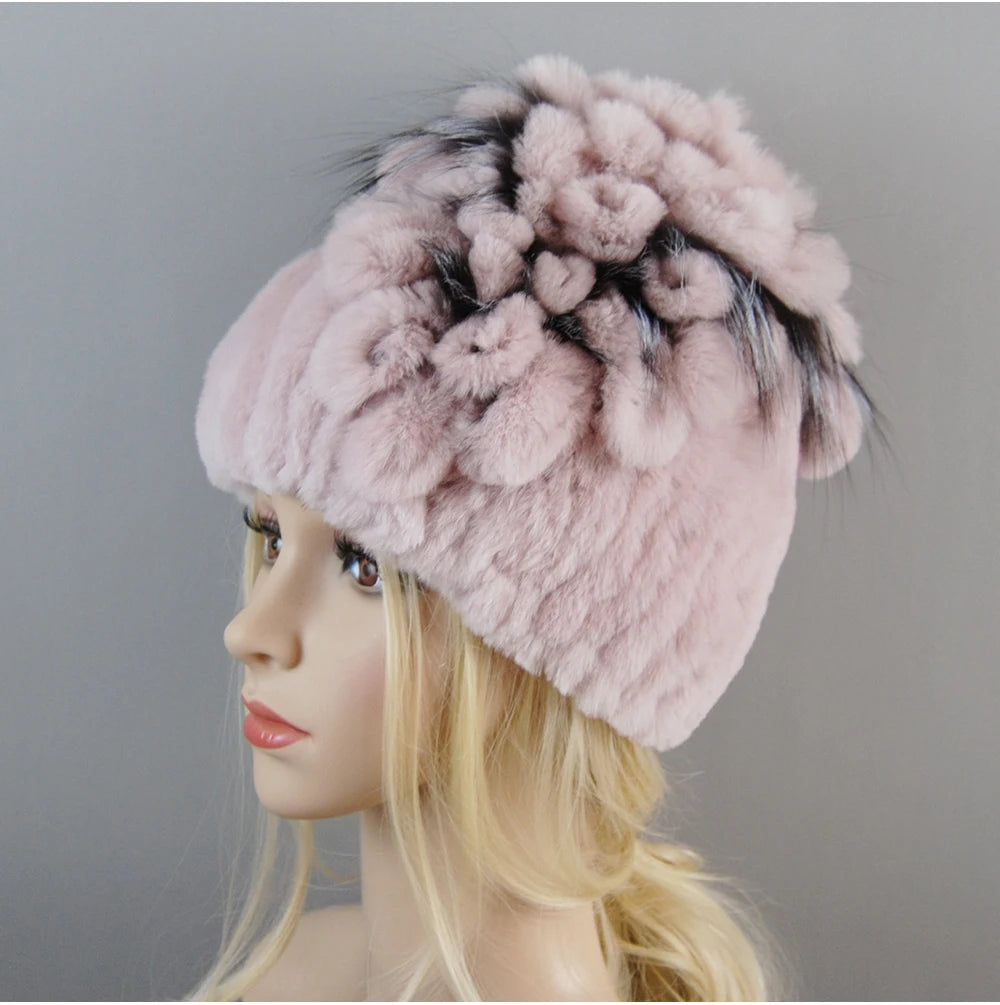 Luxury Women Fur Hat For Winter Handmade Natural Rex Rabbit Fox .