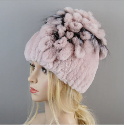 Luxury Women Fur Hat For Winter Handmade Natural Rex Rabbit Fox .