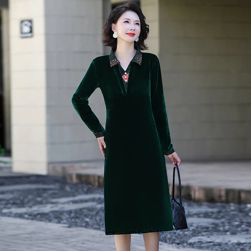 Velvet Midi Dress Women's Velvet Full Sleeve Knee-length Regular Shirt