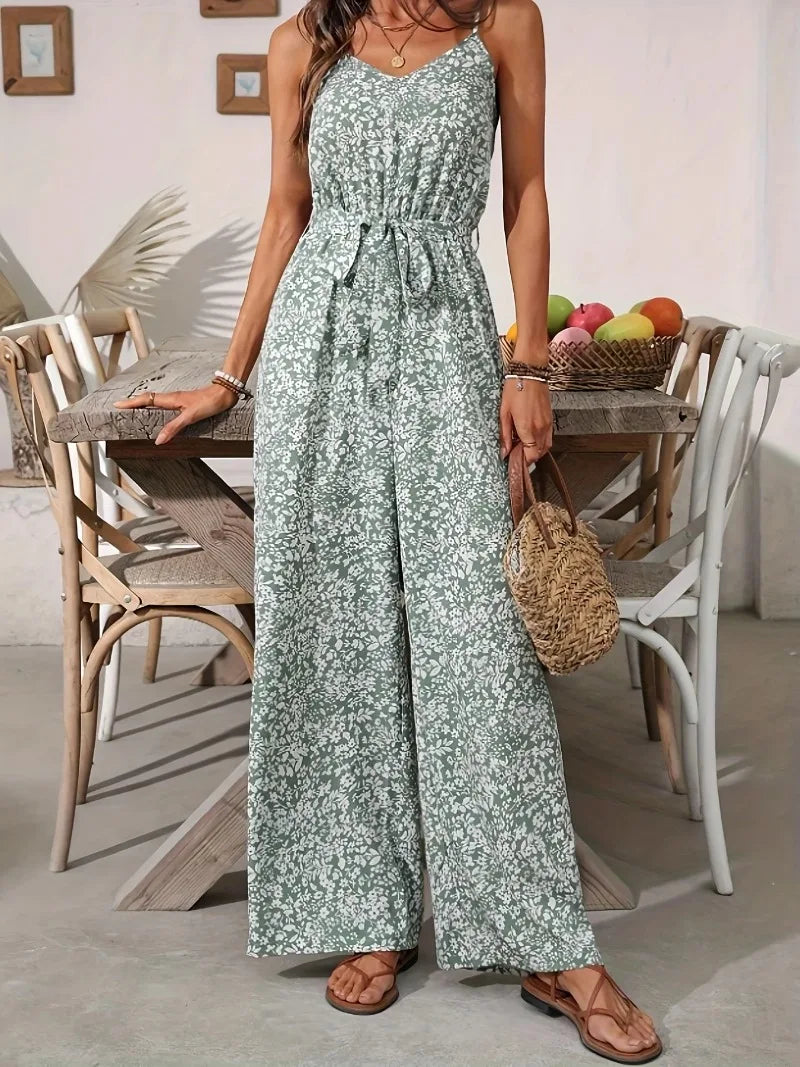 Jumpsuits for Women Summer Casual Printed Round Neck Suspender Jumpsuit