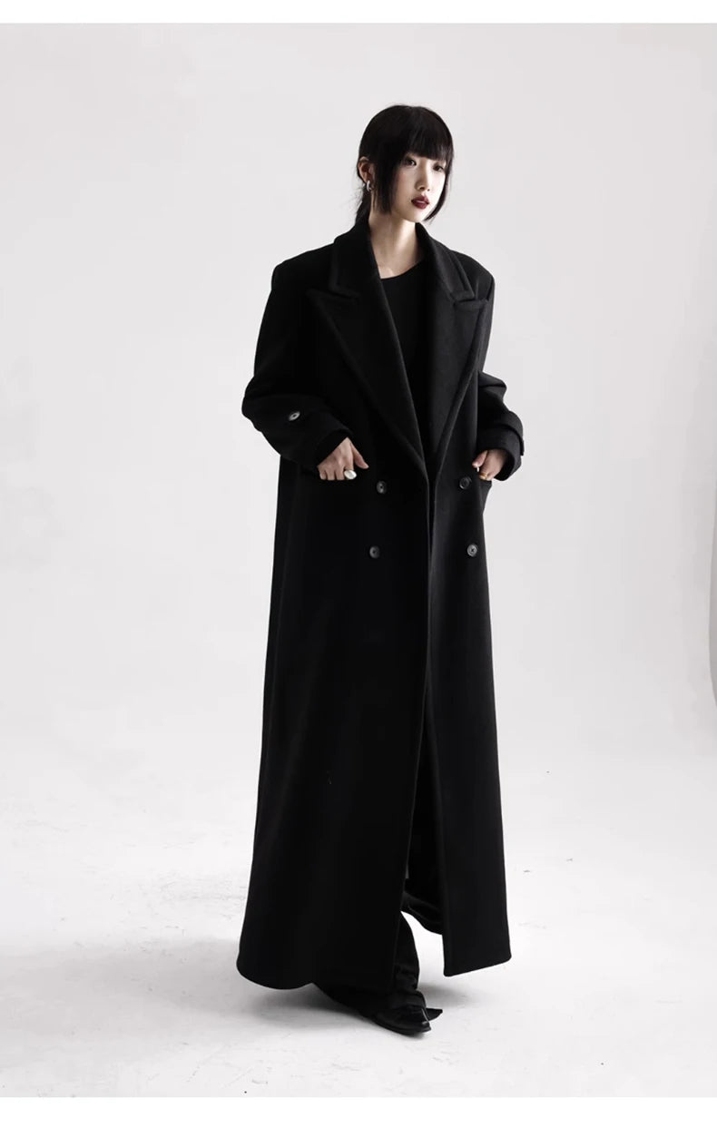Winter Luxury Extra Long Black Warm Soft Wool & blends Coat for Women