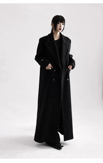 Winter Luxury Extra Long Black Warm Soft Wool & blends Coat for Women