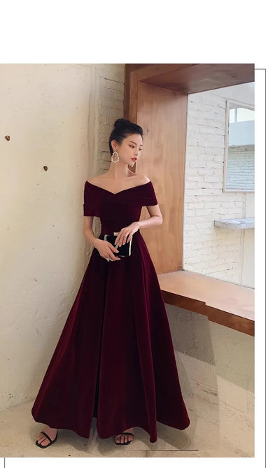 Chic Black Soft Velvet Evening Party Wedding Dresses for Women Off Shoulder Maxi Clothes