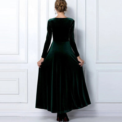 Long Sleeve V Neck Pleated Velvet Banquet Party Maxi Dress Party Wedding