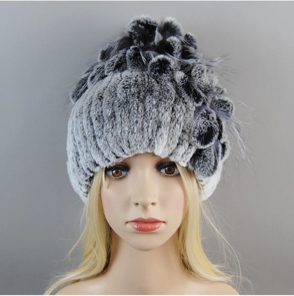 Luxury Women Fur Hat For Winter Handmade Natural Rex Rabbit Fox .