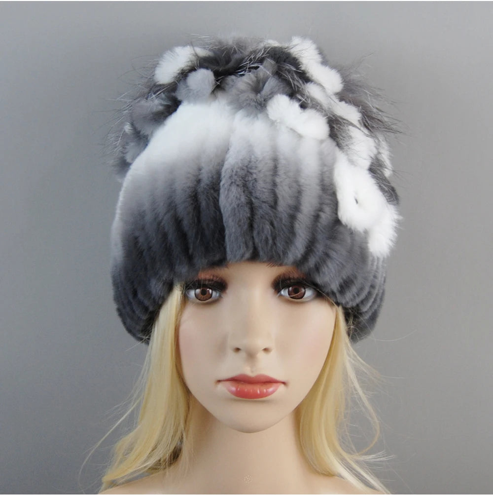 Luxury Women Fur Hat For Winter Handmade Natural Rex Rabbit Fox .