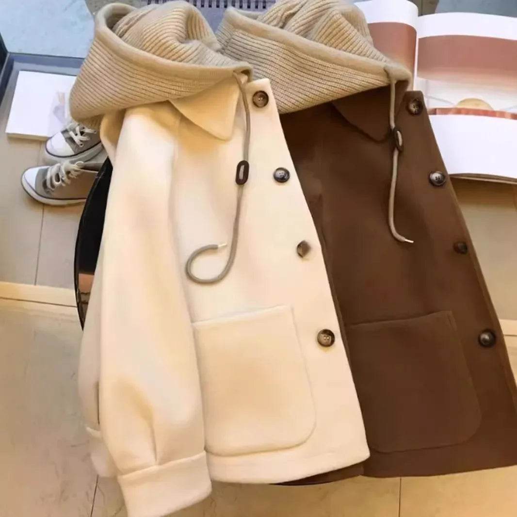 Woolen Coat Vintage Loose Fit Hat Design Thick Korean Style