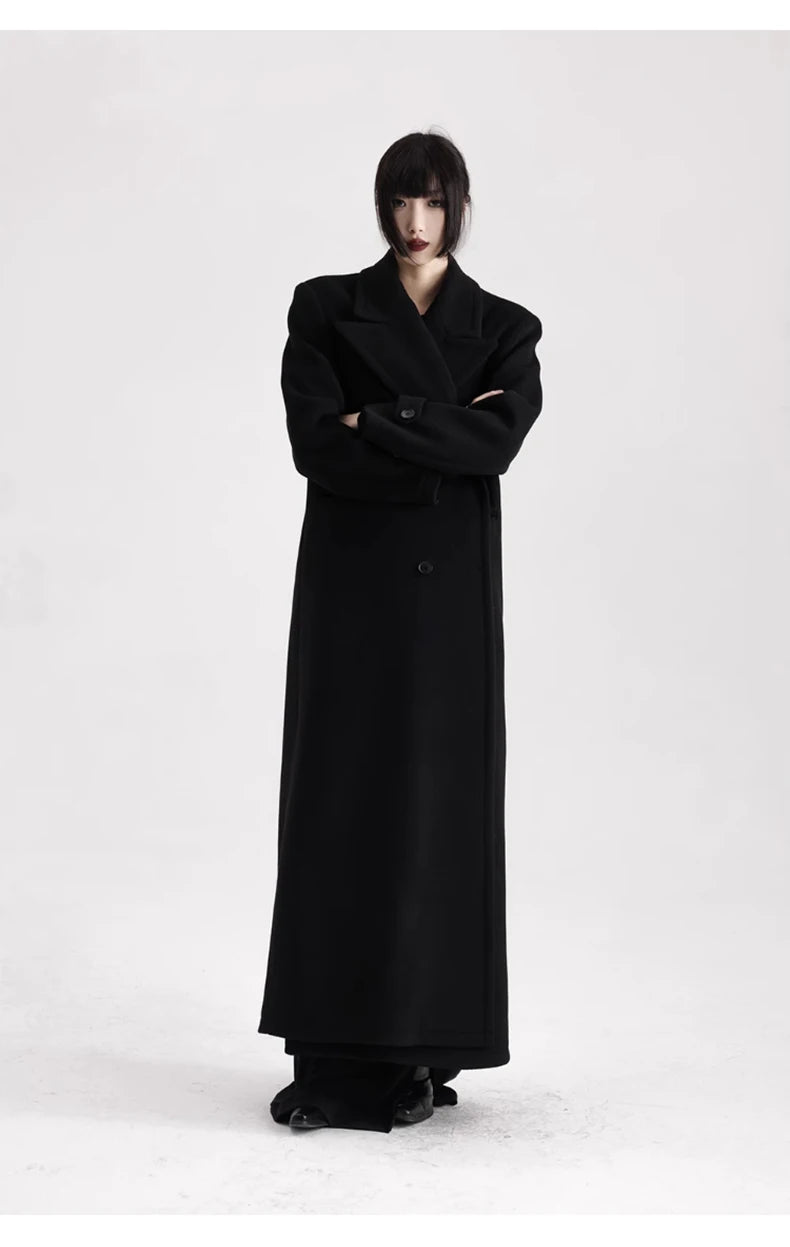 Winter Luxury Extra Long Black Warm Soft Wool & blends Coat for Women