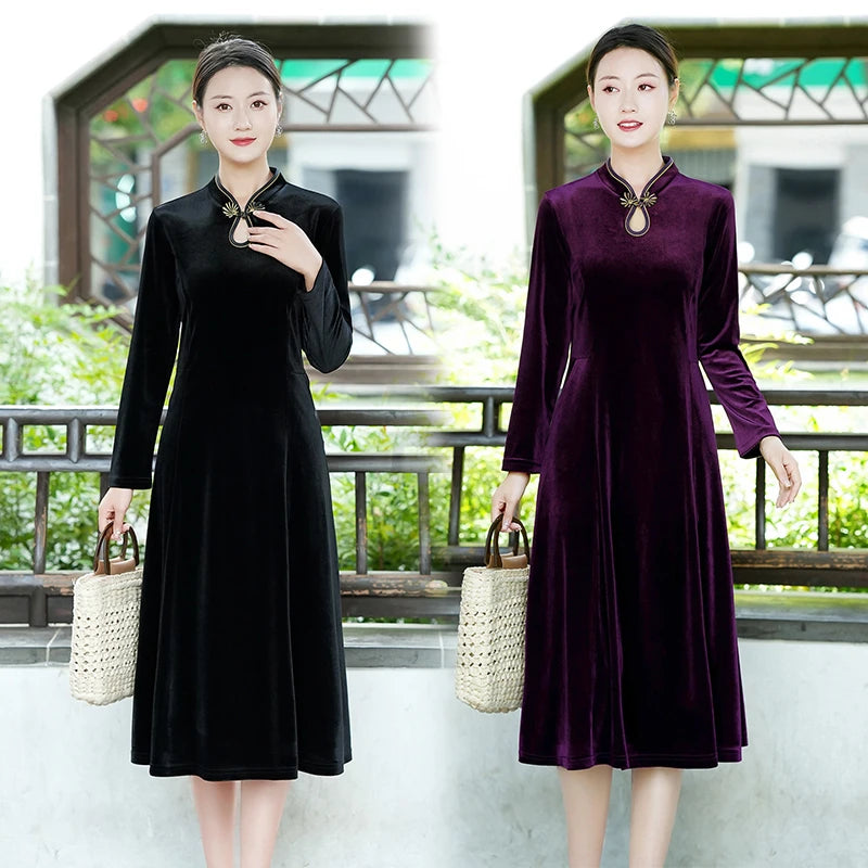 Long Dresses Female Golden Velvet Cheongsam Dress