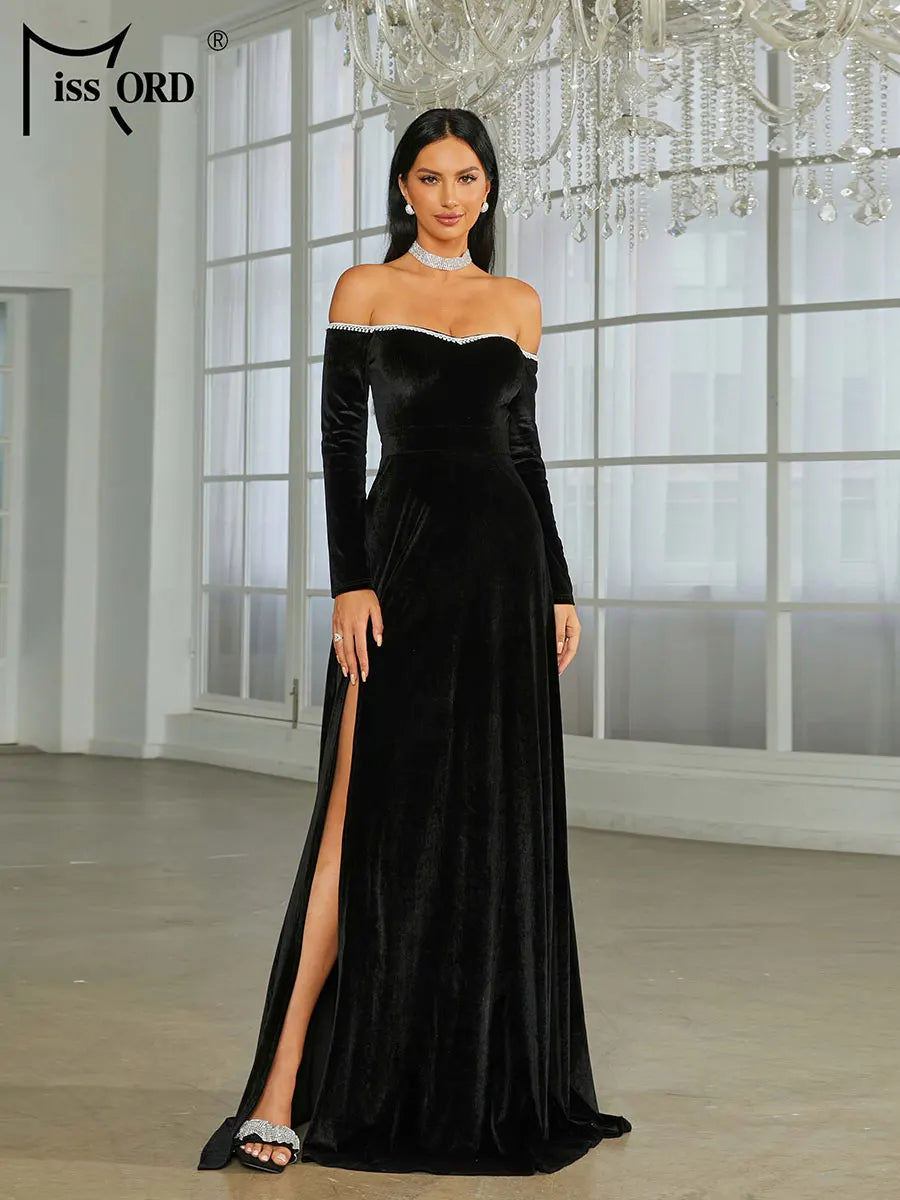 Velvet Evening Dress women Off Shoulder Long Sleeve Thigh Split