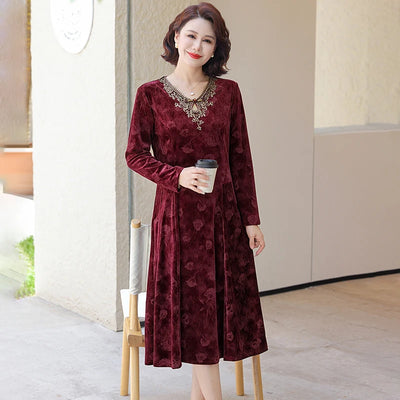 V-Neck Long Sleeve Velvet Dress Women's Meticulous Pocket Mid-Length Gown