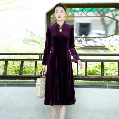 Long Dresses Female Golden Velvet Cheongsam Dress
