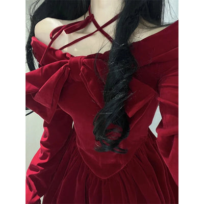 Y2K Sexy Slash Neck Red Velvet Dresses Winter Kawaii Christmas Party