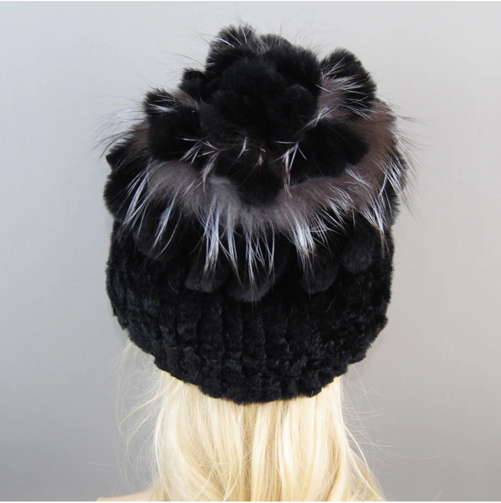 Luxury Women Fur Hat For Winter Handmade Natural Rex Rabbit Fox .