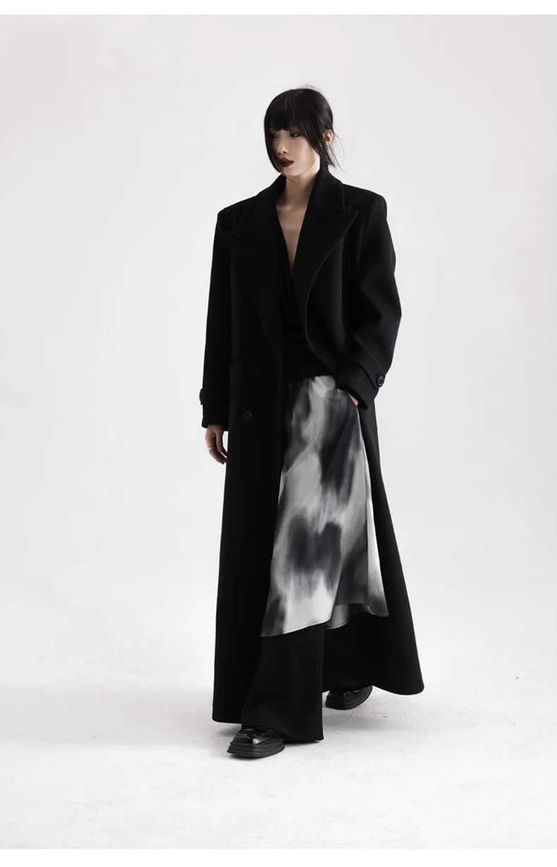 Winter Luxury Extra Long Black Warm Soft Wool & blends Coat for Women