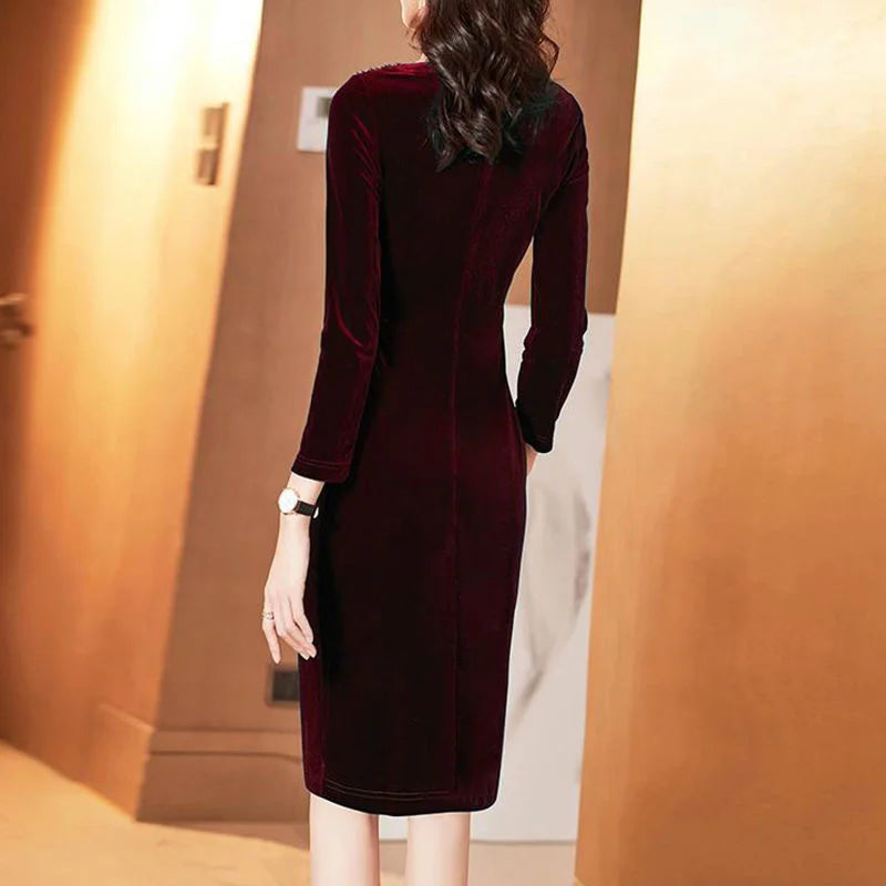 Golden Velvet Dress For Women  Long Sleeve Dress Velvet Thickened Hip