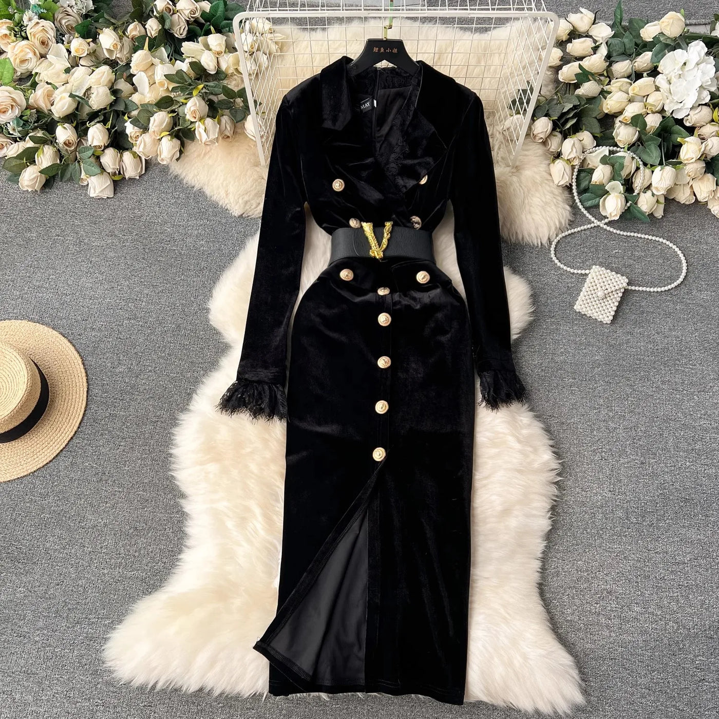 V-Neck Velvet Dress Women Long Sleeve Fashion Metre Buttons Split Sheath